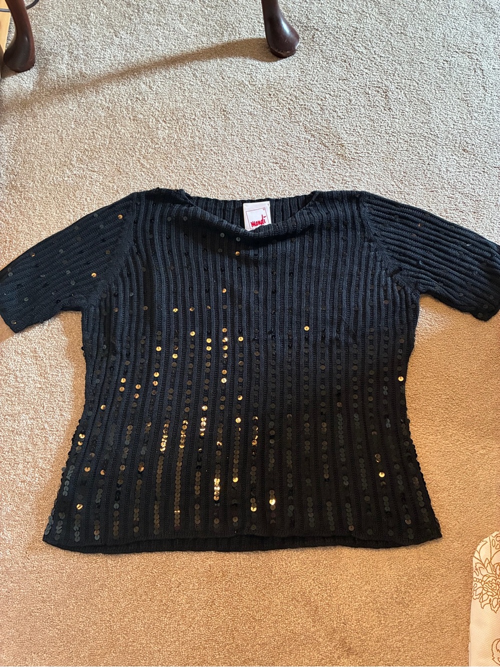 Mondi Black Ribbed Sequin Short Sleeve Top